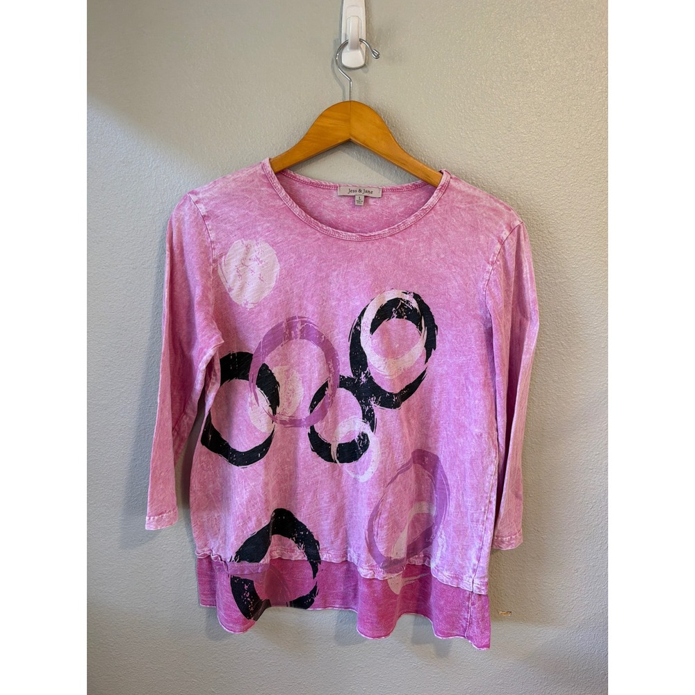 Jess & Jane Top Women Large Pink Acid Wash Abstract Circle 3/4 Sleeve Layered